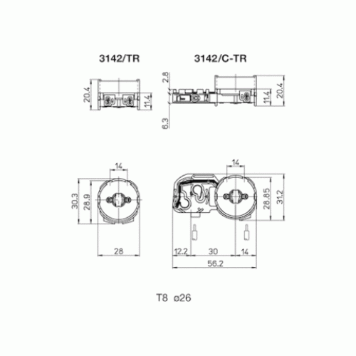 3142/C-TR G13 T8 торцевой накидной со стартеродержателем прозрачный