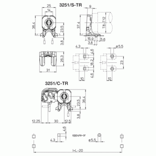 3251/C-TR ламподержатель G13(T8,T12) на стойке совмещен. со стартеродержателем прозрачный